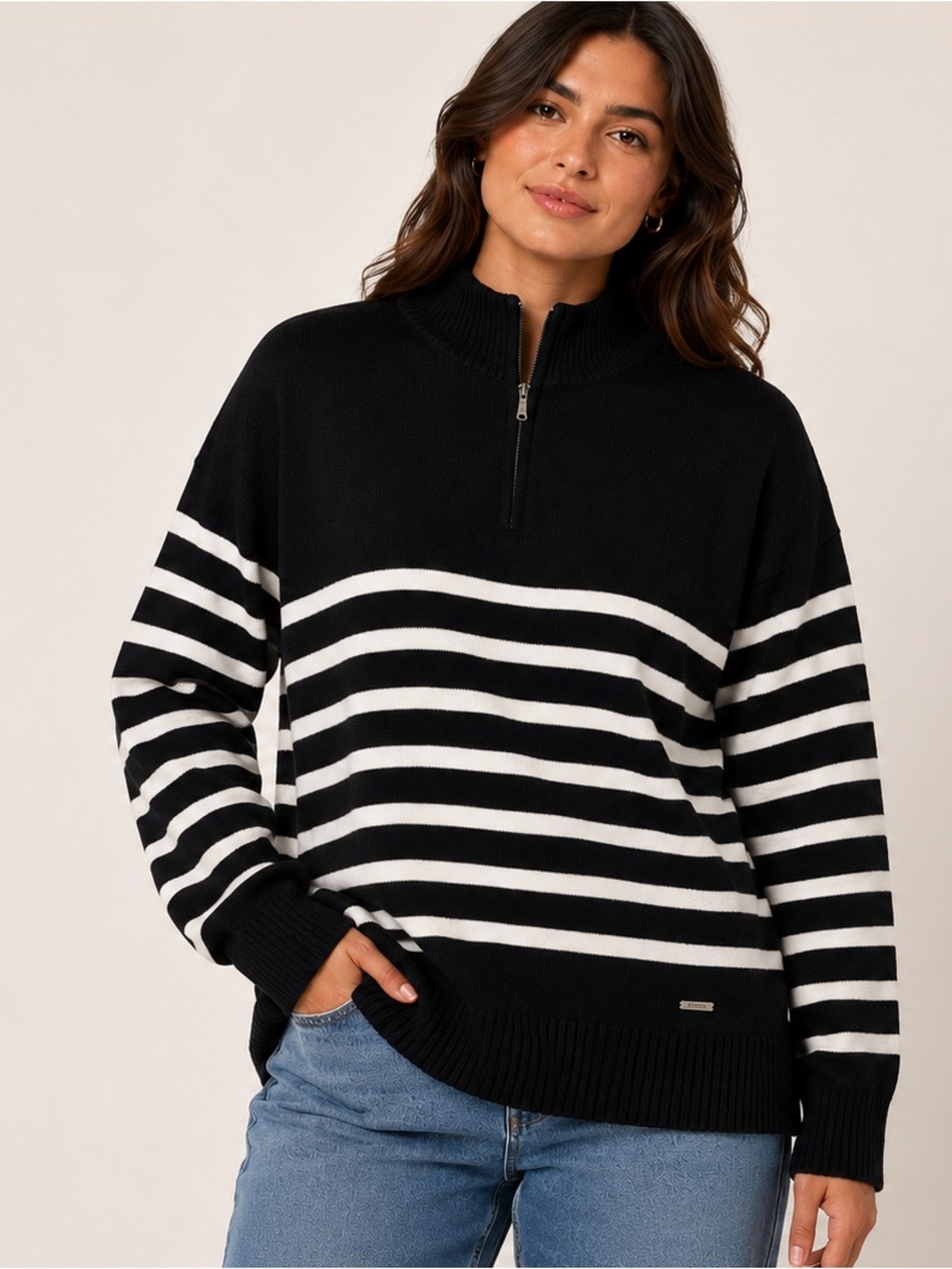 DKNY Black and White Striped Half Quarter -Zip Turtleneck Sweater Soft Size XXL
